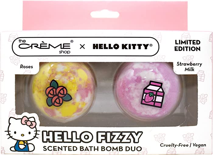 The Crème Shop | Hello Kitty Hello Fizzy Scented Bath Bomb Duo | Roses & Strawberry Milk