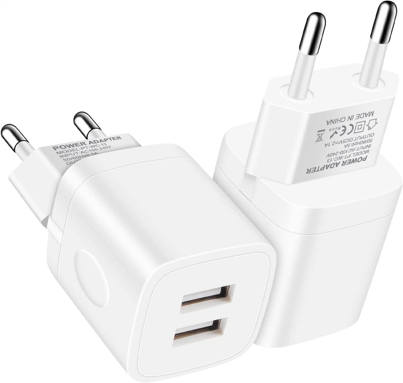 European Wall Charger, European USB Plug, 2Pack 2.1A Dual Port Travel Adapter Europe Fast Charger Block Brick Cube Box Base for iPhone 13 12 11 Pro Max SE XR XS X 8 7 6 6S Plus,Samsung,LG,Moto,Android