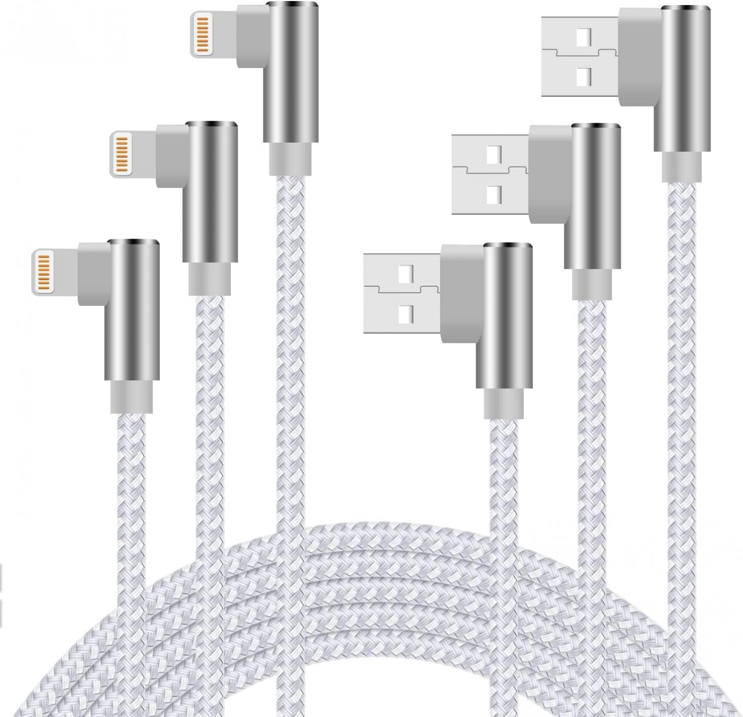 iPhone Charger 10ft 90 Degree Lightning Cable Right Angle iPhone Charging Cable 3 Pack Nylon Braided Charger Cord Compatible with iPhone 12/11/XR/X/8 Plus/7 Plus/6 Plus (Silver)