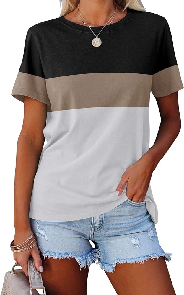 Women's Casual Short Sleeve T Shirts Color Block Crew Neck Tops Comfy Summer Tees