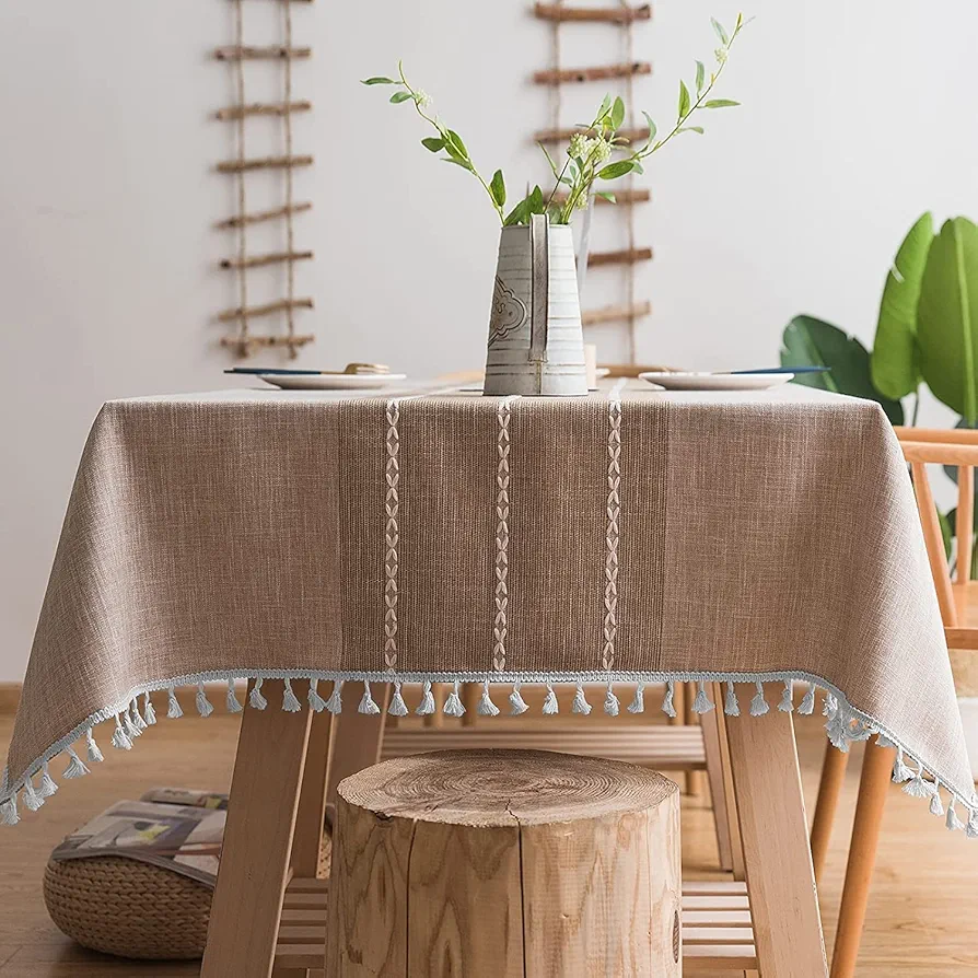 Linen Rectangle Table Cloth Waterproof Cotton Fabric Farmhouse Burlap Rustic Boho Coffee Tasseled Oblong Tablecloth for Party Holiday, Camping, Picnic, Kitchen and Dining Room Table Decor,55" x 86"