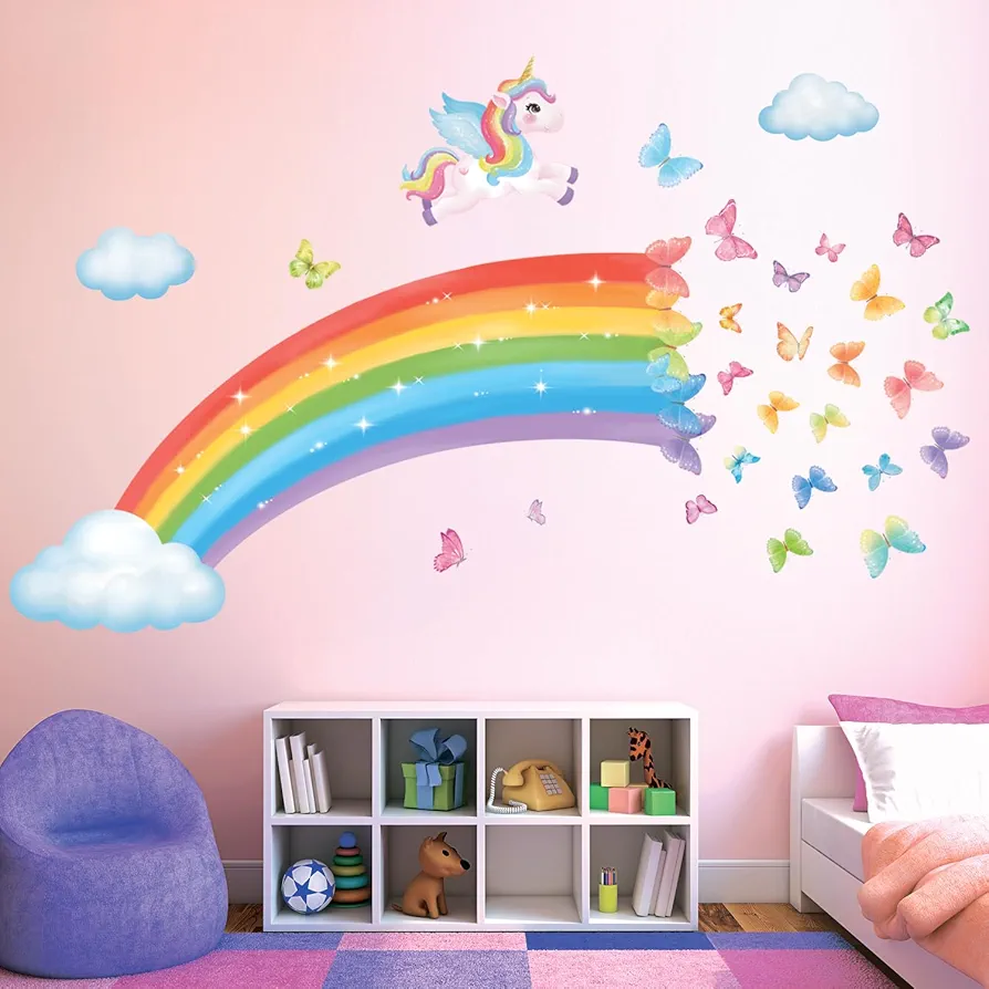 DECOWALL SG2-2401 Rainbow Unicorn Wall Stickers Colorful Butterflies Clouds Wall Decals Kids Baby Nursery Girls Bedroom Living Room Wall Décor playroom peel and stick