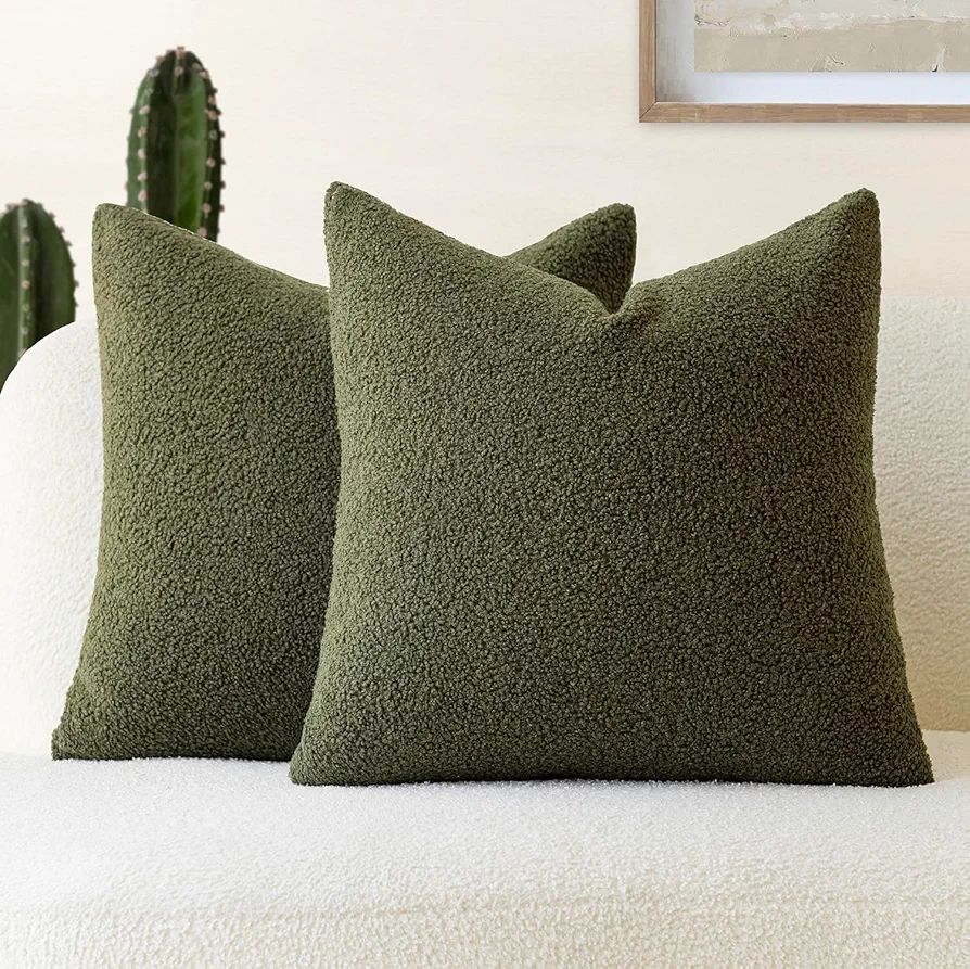 Foindtower Pack of 2, Curly Faux Fur Decorative Throw Pillow Covers Soft Fuzzy Plush Cushion Case with Zipper Cozy Pillowcase for Home Living Room Couch Bed Sofa 22 x 22 Inch, Moss Green