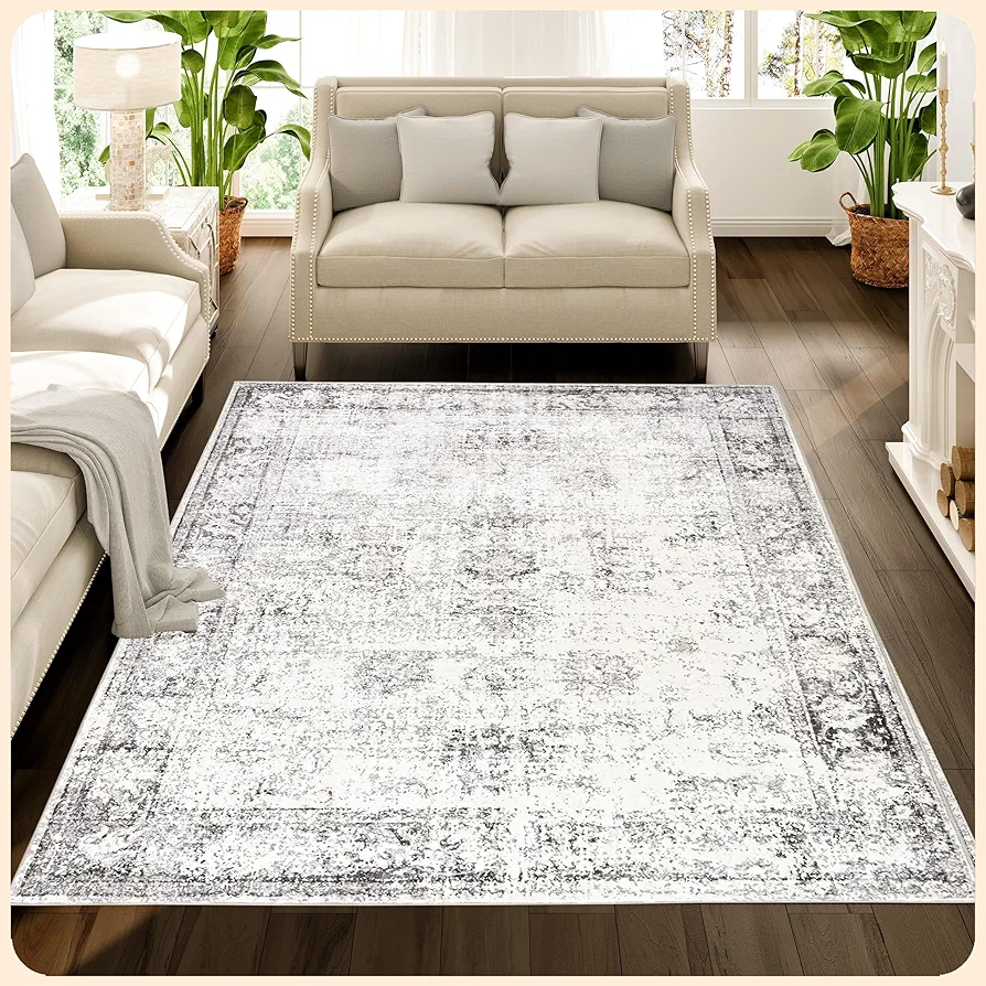 5x7 Rugs - Gray & Beige Area Rug - Kid & Pet Friendly Living Room Area Rugs 5x7 - Non Shedding Plush Area Rugs 5x7 - Foldable 5x7 Rugs for Bedroom - Eco-Friendly 5x7 Washable Area Rug