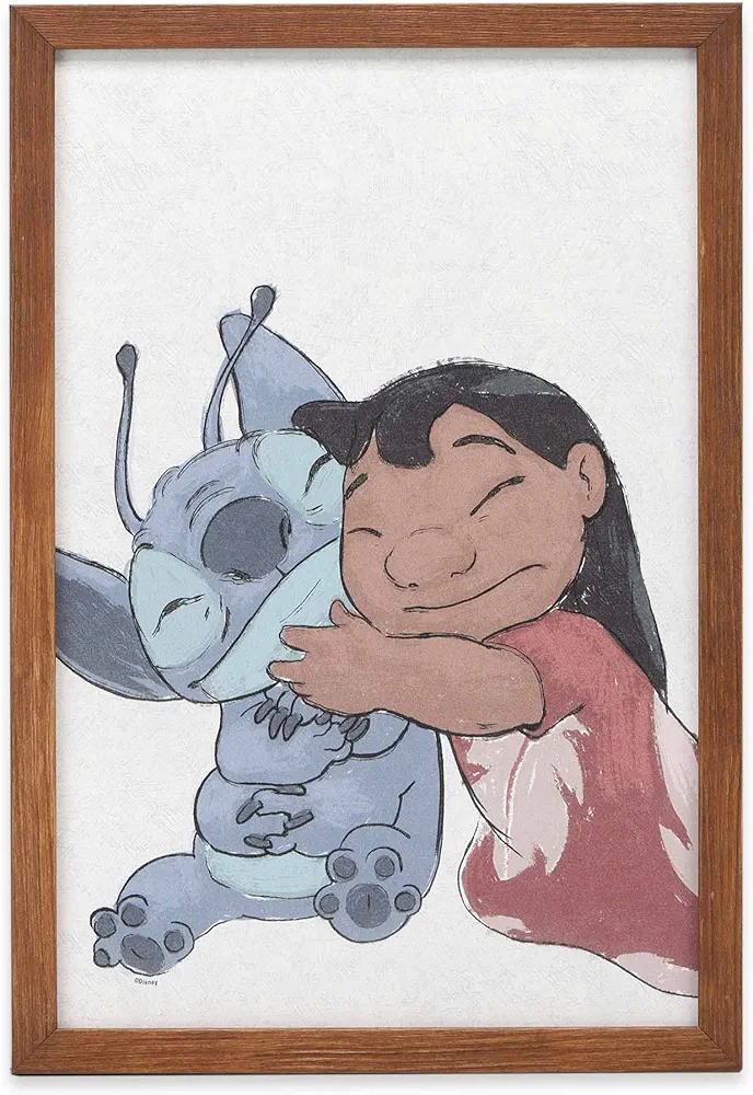 Open Road Brands Disney Lilo and Stitch Hugging Framed Wood Wall Decor - Adorable Lilo and Stitch Wall Art for Kids' Bedroom, Play Room or Movie Room