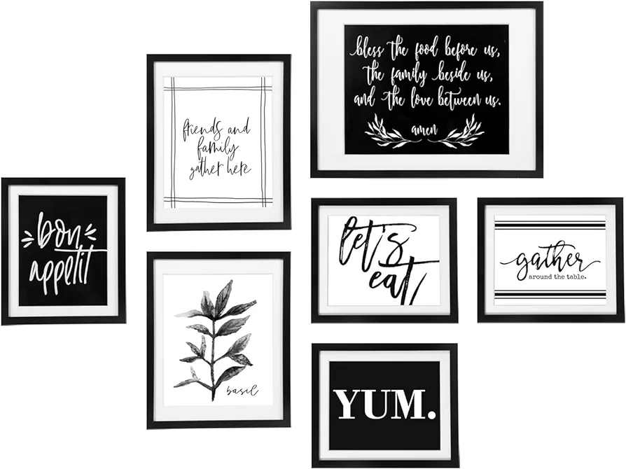 ArtbyHannah 7 Pack Framed Kitchen Wall Art Decor for Dining Room with Black Gallery Wall Frames Sets and Decorative Art Prints for Gallery Wall Kit or Home Decoration,Multi Size 12x16,9.5x12,8x9.5