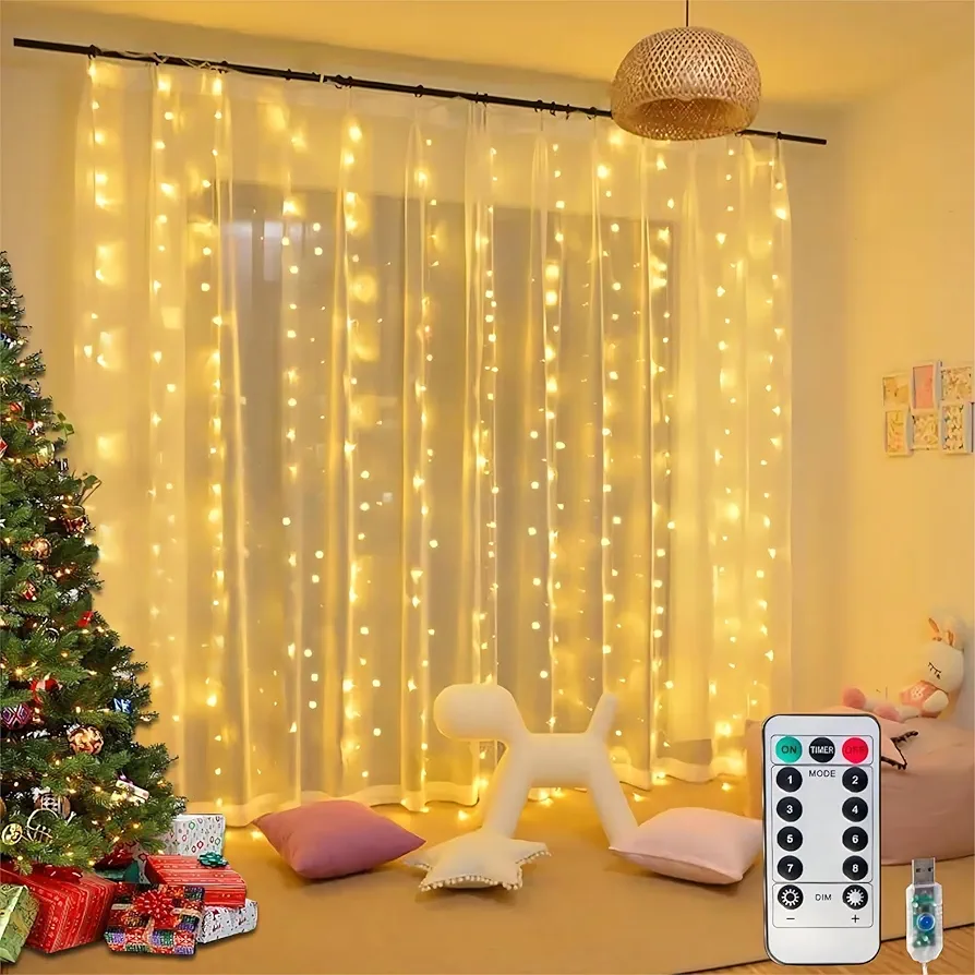 Curtain Fairy String Lights, 300 LED Dimmable Fairy Curtain Lights for Bedroom Warm White with Remote and Timer, 8 Modes, USB Powered for Bedroom Festive Season Party Wedding Home Garden Wall