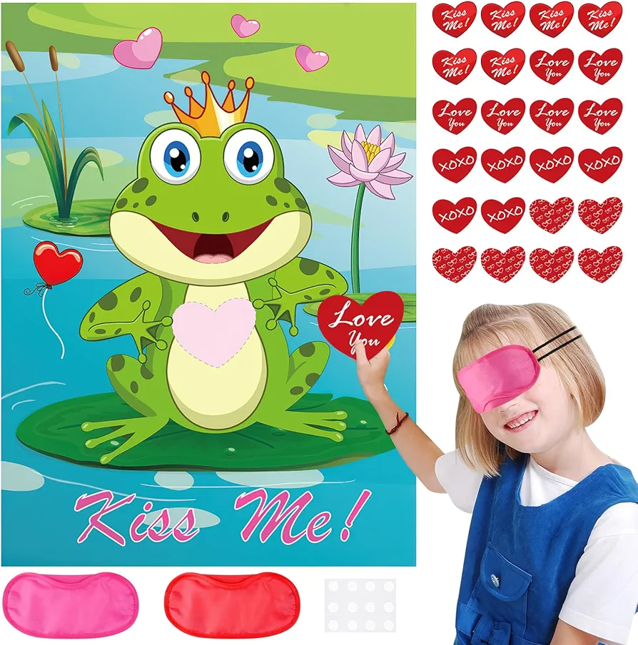 PLULON Valentines Game for Kids Pin Heart on Frog with 24 Heart Stickers Poster Backdrop for Girl Boy Valentines Princess Party Decor School Family Classroom Activities Valentines Party Favor Supplies