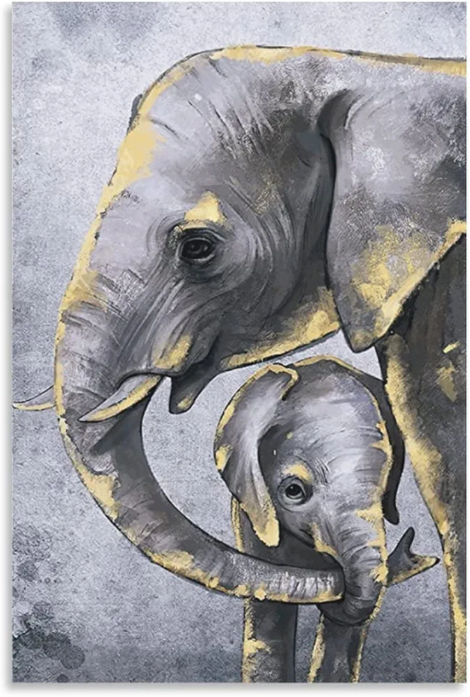 Animal Print Art Home Decor Gold Grey Elephant Painting Picture for Nursery Bedroom Living Room Cont Canvas Painting Posters and Prints Wall Art Pictures for Living Room Bedroom Decor 24x36inch(60x90