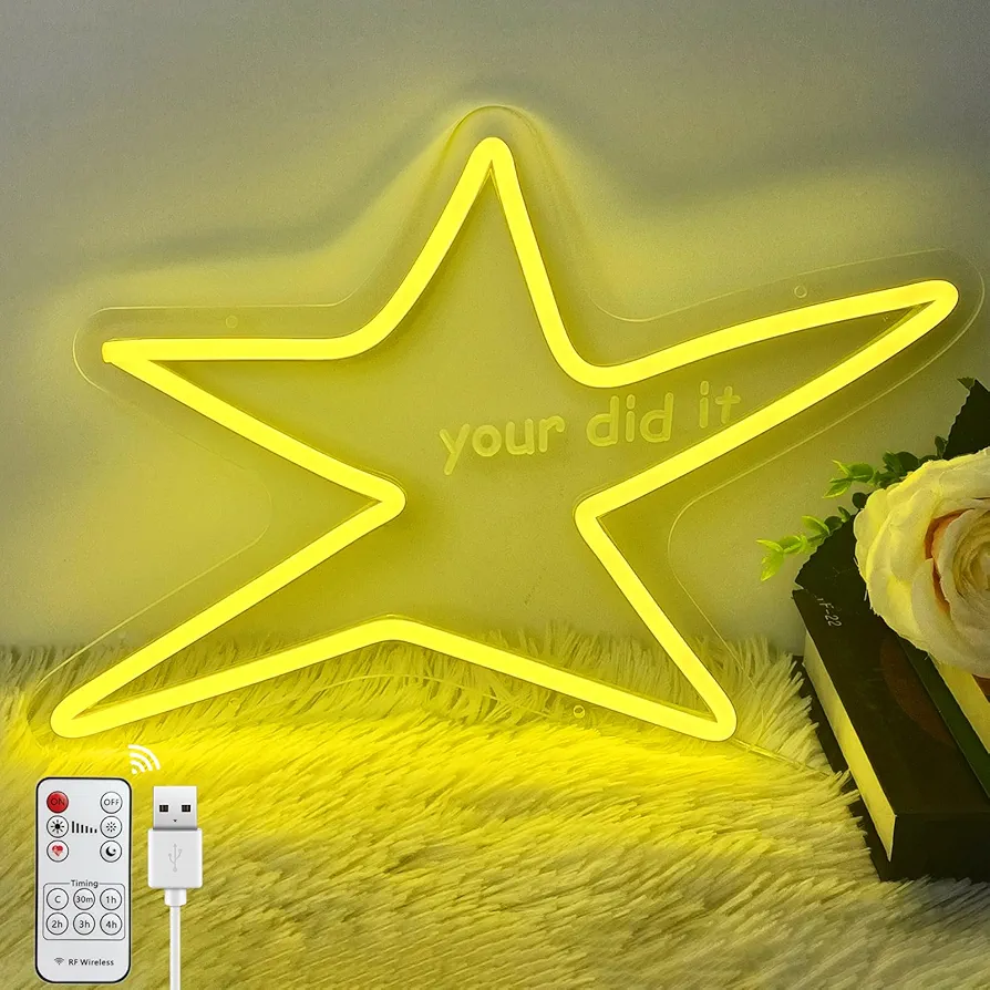 Your Did It Star Neon Sign with Remote for Kids Gifts, Cute Star LED Neon Light for Wall Decor, Dimmable Light Up Signs USB for Girls Boys Bedroom Aesthetic Dorm Game Room, Lemon Yellow, 12x12 Inch