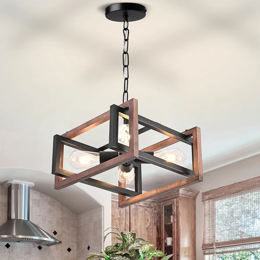 4 Light Farmhouse Chandelier, Rustic Black and Wood Dining Room Light Fixture with Adjustable Chain, Industrial Kitchen Island Hanging Light Fixtures for Dining Room Living Room Entryway