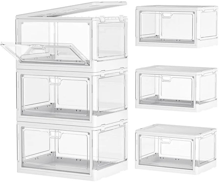 Clear Storage Bin with Lid 3 Pack 【Stackable & Sturdy】Plastic Bins for Storage, Multifunctional Folding Storage Bins for Bedroom, Living Room, Study, Toy Room, 24 QT Folding Box with Magnetic door