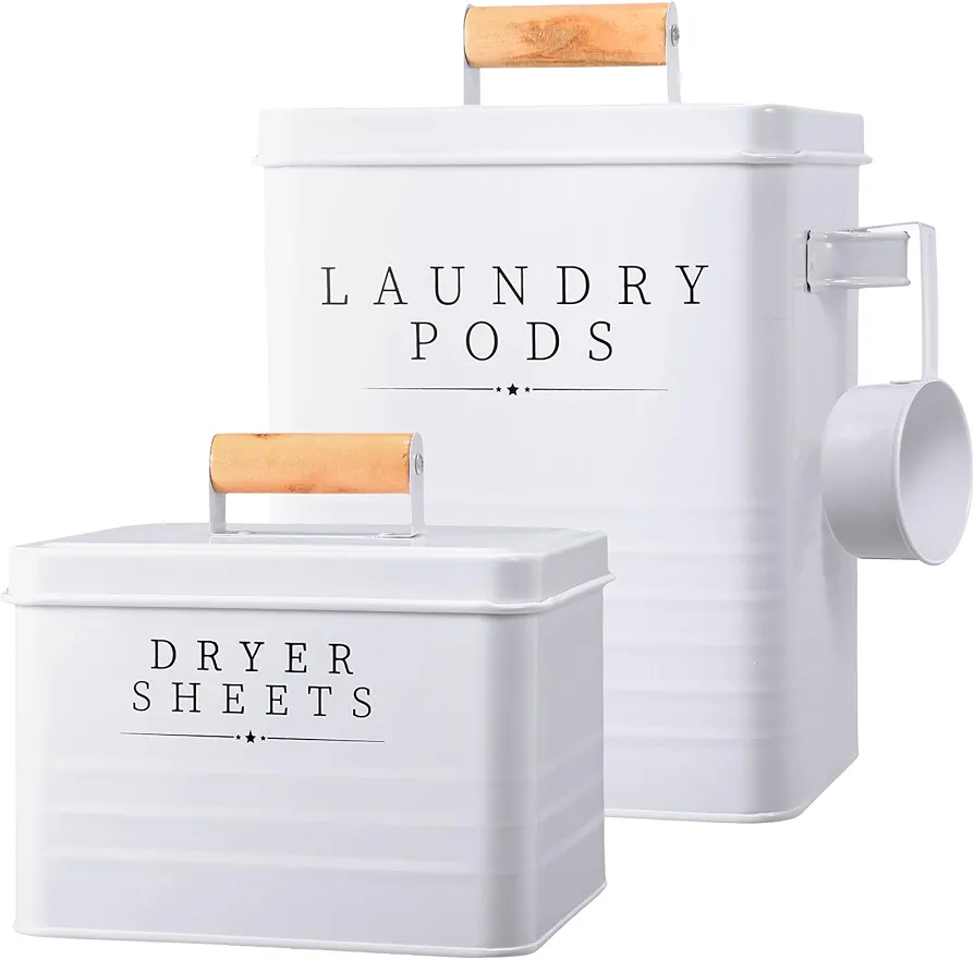 2 Pcs Laundry Pod Container with Dryer Sheet Holder for Laundry Room Farmhouse Detergent Storage Box with Lid Handle Metal Laundry Dryer Sheet Dispenser Laundry Room Organization Decor (White)