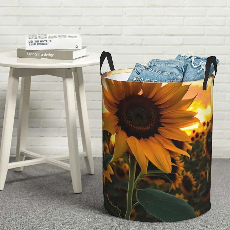 Large Laundry Basket Farm Sunflower Laundry Hamper Collapsible Laundry Baskets Freestanding Waterproof Laundry Bag for Bedroom Bathroom Laundry Room, Small, Black, 65HG6FD54H6