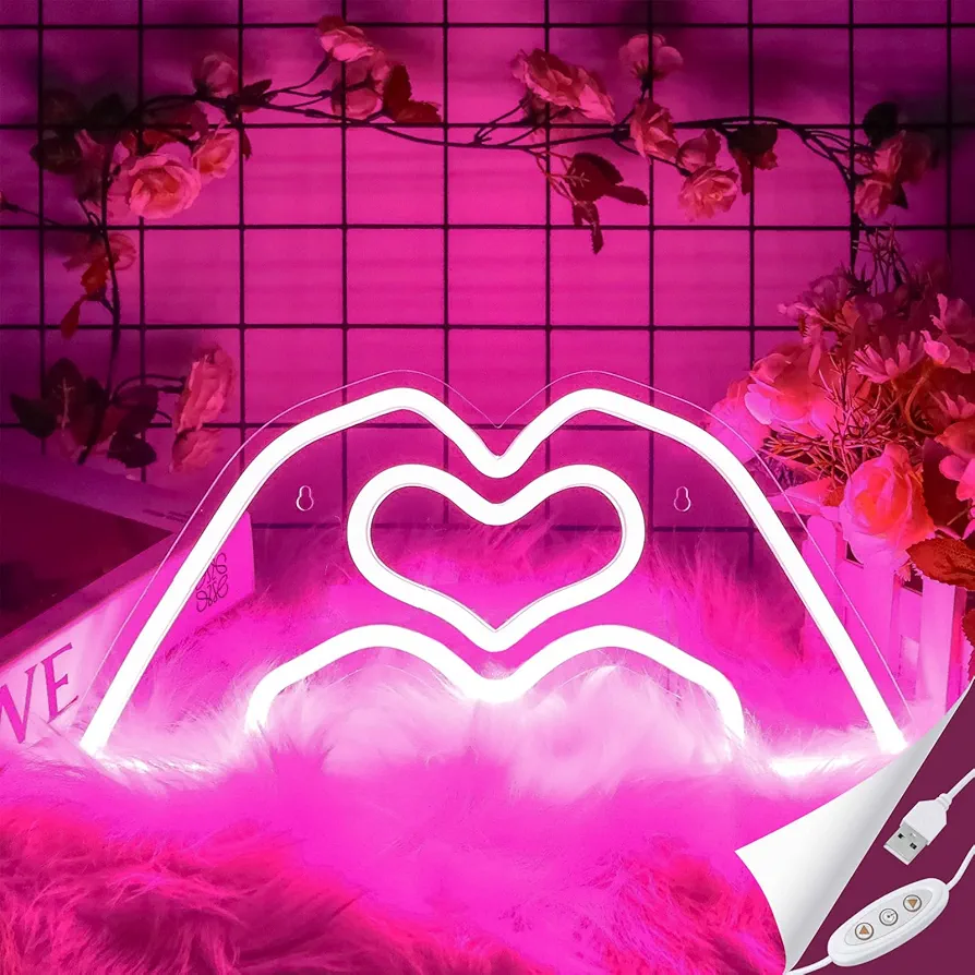 Heart Hands Neon Sign, Pink Room Decor, Heart Neon Signs for Wall Decor Aesthetic, USB Powered Led Neon Lights for Girls Dorm, Bedroom, Living Room,Wedding, Party, Birthday decorations