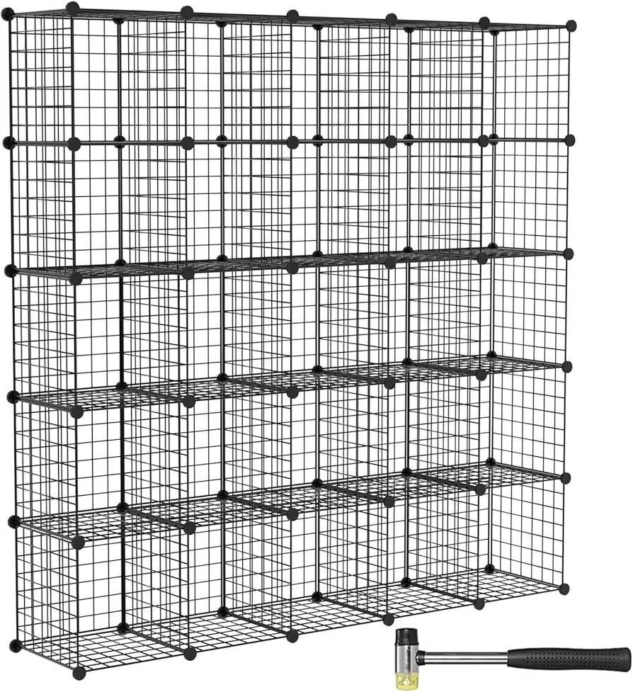 TUMUCUTE Wire Cube Storage Organizer, 25-Cube Modular Mental Grids Bookshelf, DIY Stackable Closet Cabinet for Bedroom Living Room, Office, Iron