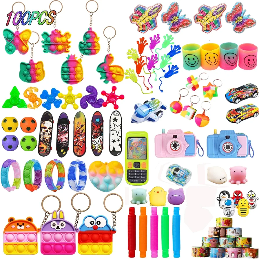 100 Pcs Party Favors for Kids,Birthday Gift, Pop Fidget Toys, Treasure Chest, Sensory Toy, Carnival Treasure, Classroom Prizes, Christmas Gift,Pinata Goodie Bag Fillers for Boys Girls