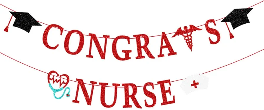 2024 Nurse Graduation Banner, Glittery Congrats Nurse Banner RN Garland Photo Props Banner for Party Home Classroom Decorations