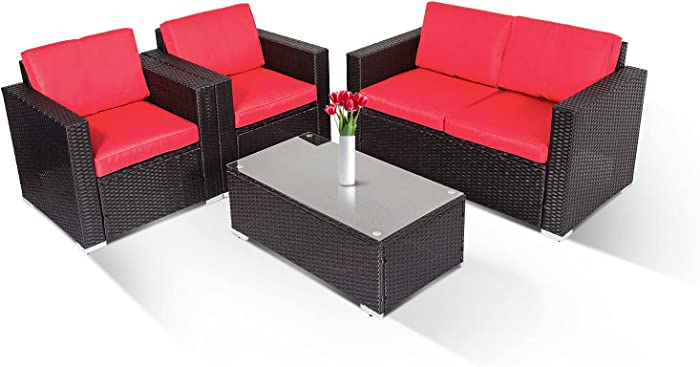 FIZZEEY Patio Conversation Set - 4 PCs Outdoor Patio Furniture Set PE Wicker Rattan Patio Couch Sofa Set Backyard Balcony Porch Furniture, Red