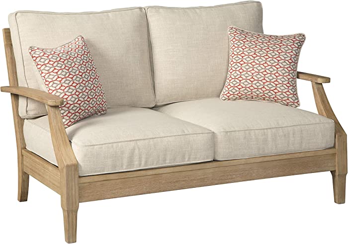 Signature Design by Ashley Clare View Coastal Outdoor Patio Eucalyptus Loveseat with Cushions, Beige