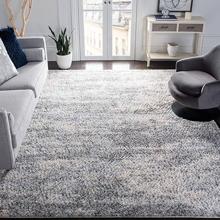 SAFAVIEH Berber Shag Collection 9' x 12' Grey / Cream BER219G Modern Abstract Non-Shedding Living Room Bedroom Dining Room Entryway Plush 1.2-inch Thick Area Rug