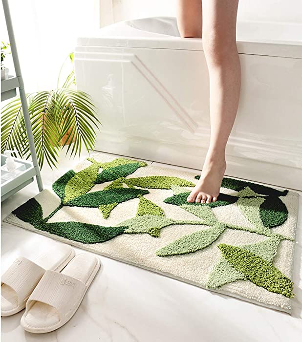 Leaves Bath Mats Bathroom Rugs Non-Slip Soft Microfiber Absorbent Machine Washable Entrance Doormat Bathroom Tub 17.5 X 25.5 Inches, Green