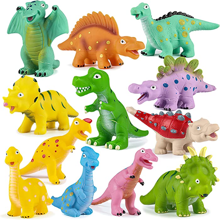 Furnimore Dinosaur Bath Toys for Toddlers - 12 Pcs Baby Bathtub Toys with No Holes, Soft Pool Toys for Boys Girls, Mold Free Shower Toy Playset for Bath Time or Water Party Favors