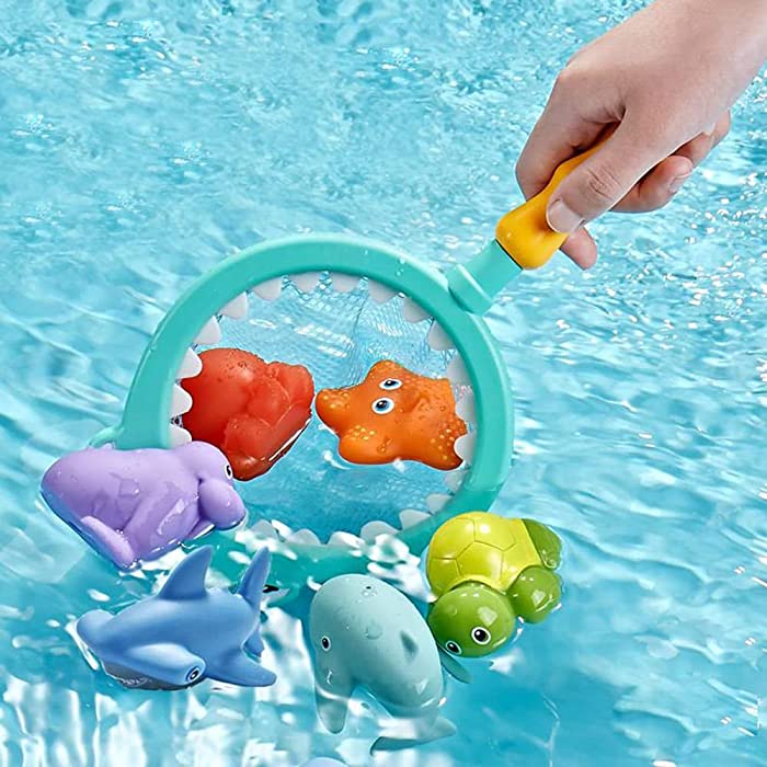 AIYUENCICI Bath Toy Baby Bathtub Toys, Sea Animals Squirter Toys, Water Spraying Discoloration Floating Animals Fishing Net, Bathroom Floating Pool Fishing Play Set for Toddler Kids (Shark)