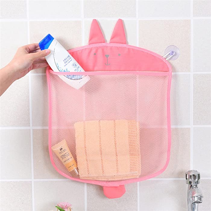 Bath Toy Organizer Cute Baby Hanging Mesh Net Cartoon Tub Toy Storage Large Size and Quick Dry Bathtub Toy Holder (Pink)