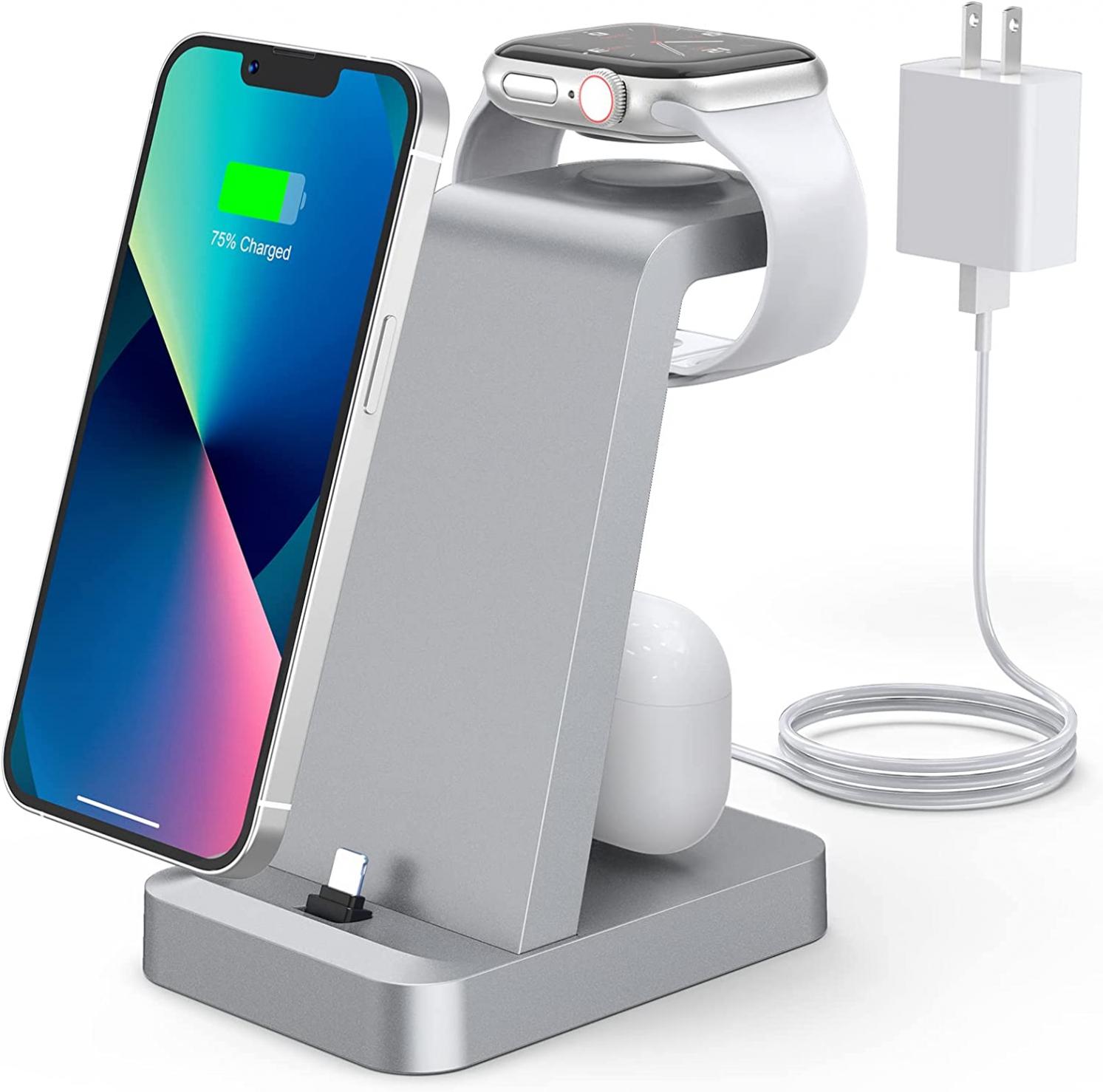 Charging Station for iPhone - 3 in 1 Wireless Charger Stand for Apple Watch Series 7 6 SE 5 4 3 2 & Charging Dock for iPhone 14 13 12 11 Pro X Max XS XR 8 7 Plus 6s 6 with Adapter