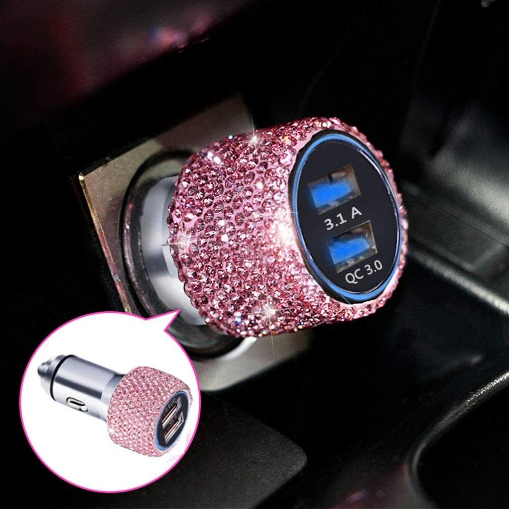 Dual USB Car Charger Quick Charge 3.0 Bling Bling Crystal Car Decorations Pink for Fast Charging Car Decors for iPhone Android iOS etc.