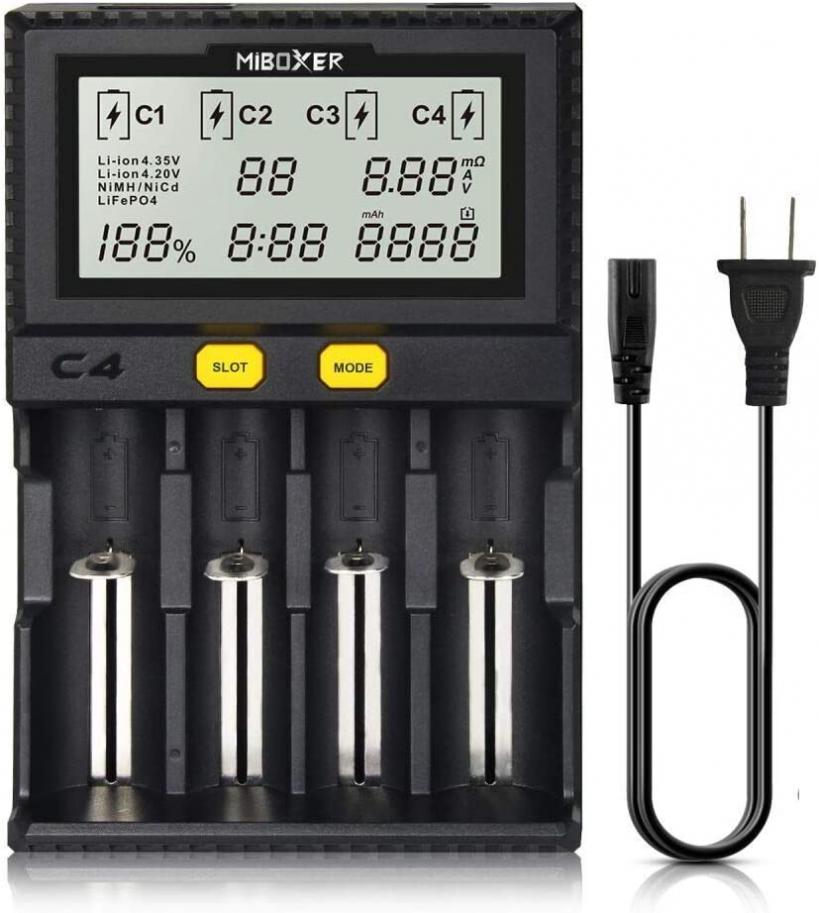 18650 Battery Charger,MiBOXER Smart Universal 4-Bay Charger, Automatic LCD Display,Fast Charging Rechargeable Li-ion LiFePO4 Ni-MH Ni-Cd AA AAA C 18350 18500 18700 20700 21700 26650 RCR123