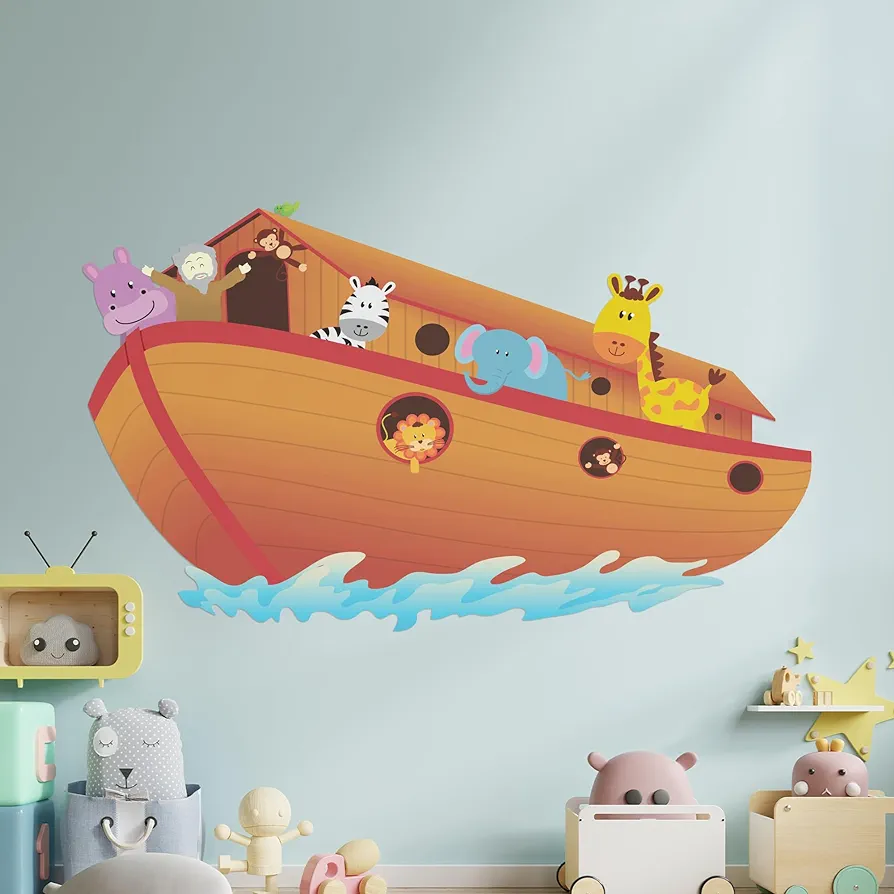 Noahs Ark Wall Decor I Decal for Nursery I Religion Classroom Decorations I Baby Boy or Girl I Bible Stories for Kids I Jungle Animals for Cute Room Decor (Wide 40" x 25" Height)