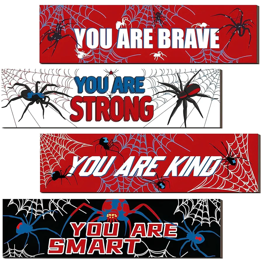 Spider Web Bedroom Wall Decor, [4 PCS] Boys Room Decor for Kids Inspirational Wooden Hanging Wall Sign Cartoon Decor, Motivational Quote Car Wall Decor for Boys Kids Nursery Playroom Kindergarten