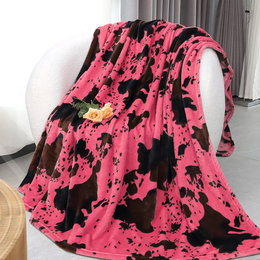 Hot Pink Cow Print Blanket Cute Soft Cozy Throw Blankets and Throws Pink Strawberry Fleece Cow Bedding Room Decor Gifts for Kids Girls Teens Women