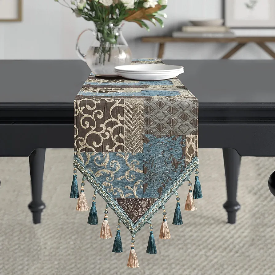 Loom and Mill Luxury Table Runner 90 Inches Long, Patchwork Chenille Damask Jacquard Dining Table Runners with Multi-Tassels for Dining Room Dresser Party Holiday Banquet Decorations (Blue,13*90 inch)