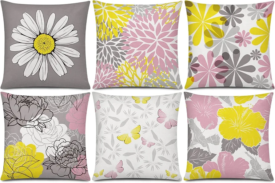 Pink Yellow Pillow Covers 18x18 Set of 6 Decorative Grey Daisy Throw Pillow Cover for Couch Modern Farmhouse Pillow Cushion Cover for Living Room Outdoor Summer Home Décor