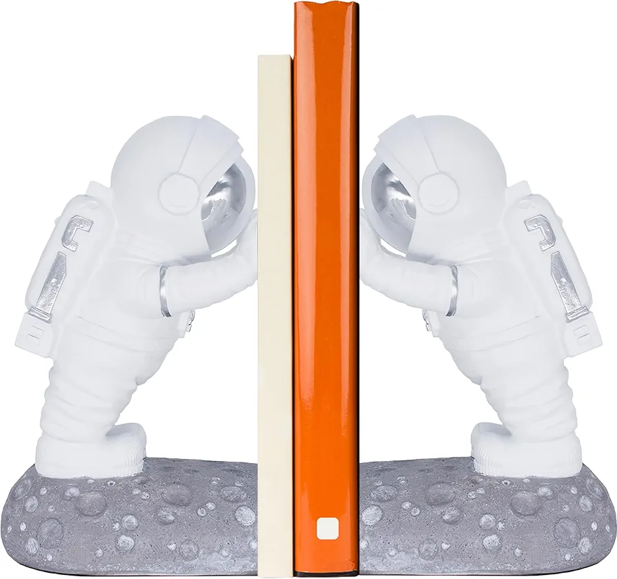 Astronaut Bookends - Space Decor Bookends for Kids Rooms - Kids Book Ends for Shelves - Bookends for Heavy Books - Unique Astronaut Decor Book Holders with Anti-Slip Base (Reflective Silver)