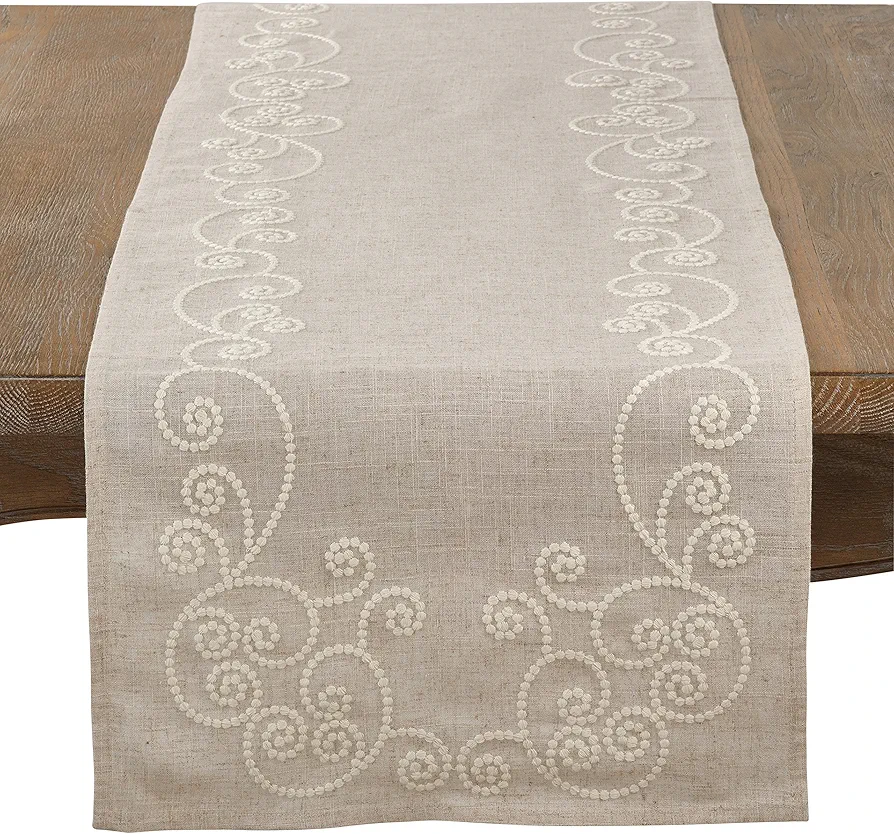 SARO LIFESTYLE Embroidered Swirl Design Linen Blend Table Runner, 16" x 72", Natural