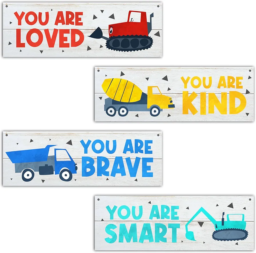 4 Pcs Construction Vehicles Wall Decor Sign, Inspirational Quotes Wall Art Gift For Boy Room Girl Room, Truck Themed Wooden Hanging Plaque Sign For Kids Room Playroom Bedroom Nursery Classroom -01