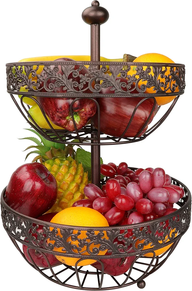 2 tier fruit basket, fruit bowl, multi-purpose kitchen and living room storage fruit and vegetable basket (Bronze gold)