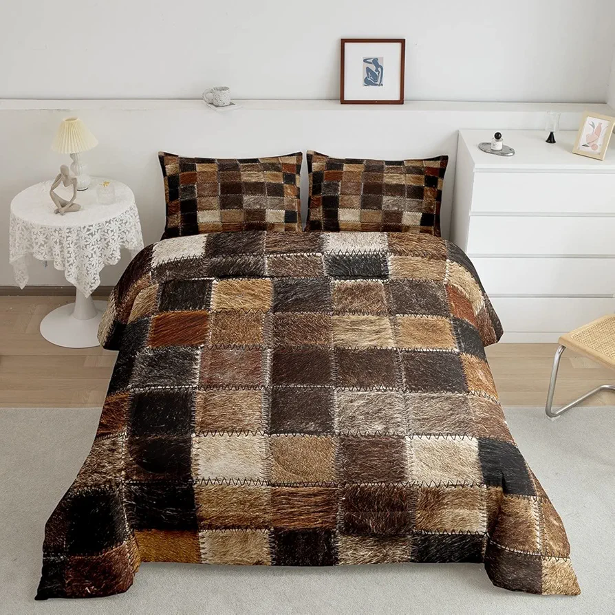 Cow Fur Comforter Cover Cowhide Rustic Western Wild Comforter Set Animal Skin Bedding Set for Children Kids Boys Girls Microfiber Dark Brown Duvet Set Room Decor Comforter Inner Fill King Size