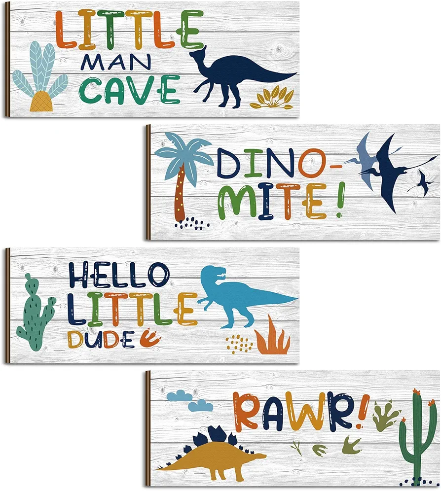 4 Pcs Dinosaur Room Bedroom Decor Boys Dinosaur Wall Decor, Motivational Quote Wood Dinosaur Decorations Hanging Sign Prints Plaques for Boy Kids Nursery Playroom (Simple Style)