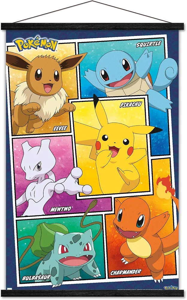 Trends International Pokémon - Group Collage Wall Poster, 22.375" x 34", Print and Black Hanger Bundle