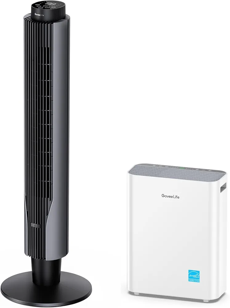 Govee Life Smart Air Purifiers for Home Large Room, H13 True HEPA Air Purifiers for Pets with PM2.5 Sensor Bundle with GoveeLife Smart Tower Fan, Oscillating 8 Speeds 4 Modes up to 25ft/s