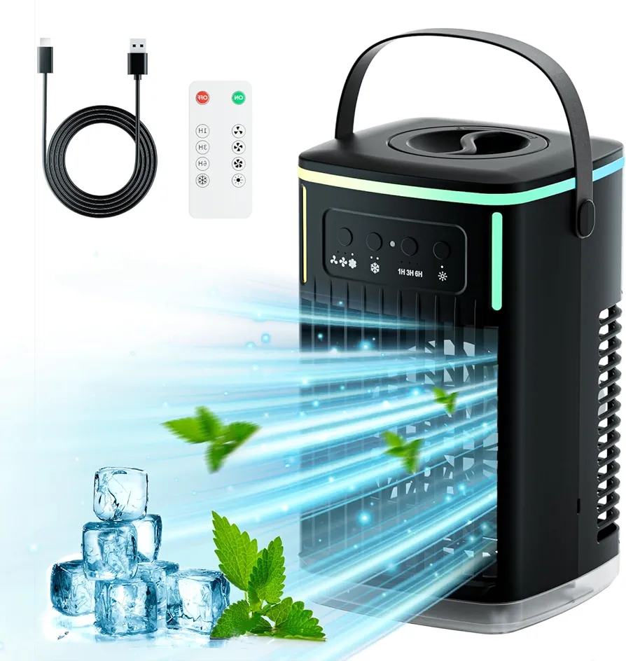 Portable Air Conditioners Fan,Air Cooler Evaporative Personal,1500ML Cooling fan Air Conditioner with Remote,3 Wind Speed & 7 LED Light,3 Cool Mist& 2-8H Timer, Portable for Room