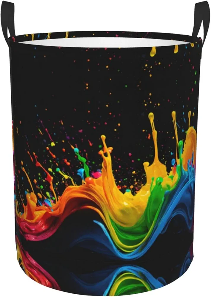 Paint Splatter Backdrop Print Circular Protable Storage Bin Organizer Round Basket For Laundry Hamper With Handles