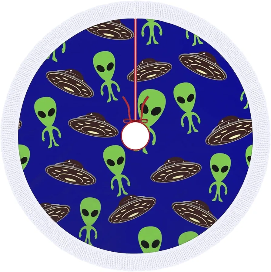 Green UFO Aliens Christmas Tree Skirt Mat Party Decorations Indoor Outdoor Living Room Home Decor 30"x30"