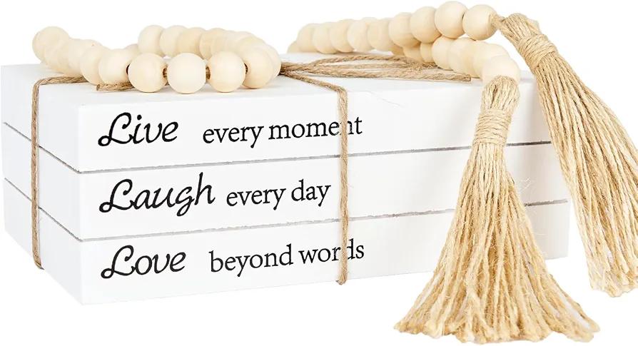 Decorative Books for Home Decor, White Faux Books for Decoration, Rustic Farmhouse Stacked Display Books with 52in Wood Bead Garland for Coffee Tables Living Room, (Live Laugh Love)