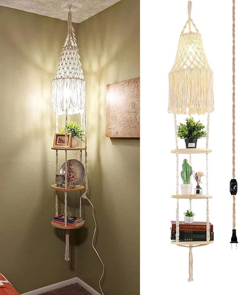 Boho Plug in Pendant Light,Hanging Light with Plug in Cord,Hanging Lamp Macrame Lamp Shade,Dimmable Switch,3 Tier Hanging Plant Shelf Shelves for Bedroom Living Room Corner Bohemian Decor